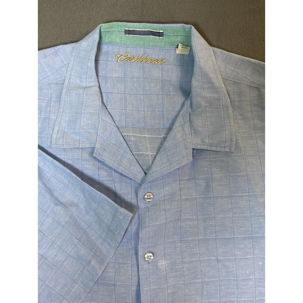 Caribbean Men's Shirt Sleeve Linen Blend Blue Window Pane Shirt Men's 4XB(big)